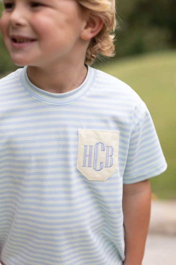 Boy Tee Premium in Watercolor Stripe Knit w/ Pocket w/ Varsity Monogram