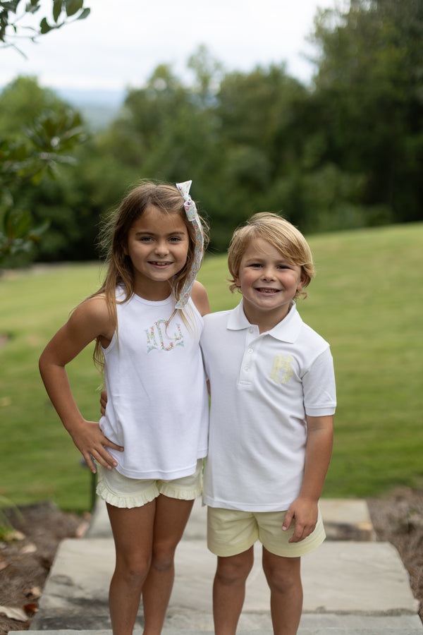 Boy Polo Short Sleeve White with Overlapping Two Fabrics Single Initial