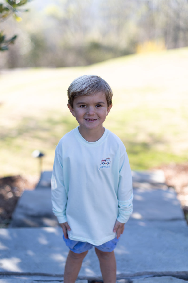 Boy Tee Long Sleeve Premium in Icy Mint Knit w/ Firetruck with Handwritten Name