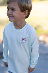 Boy Tee Long Sleeve Premium in Icy Mint Knit w/ Firetruck with Handwritten Name