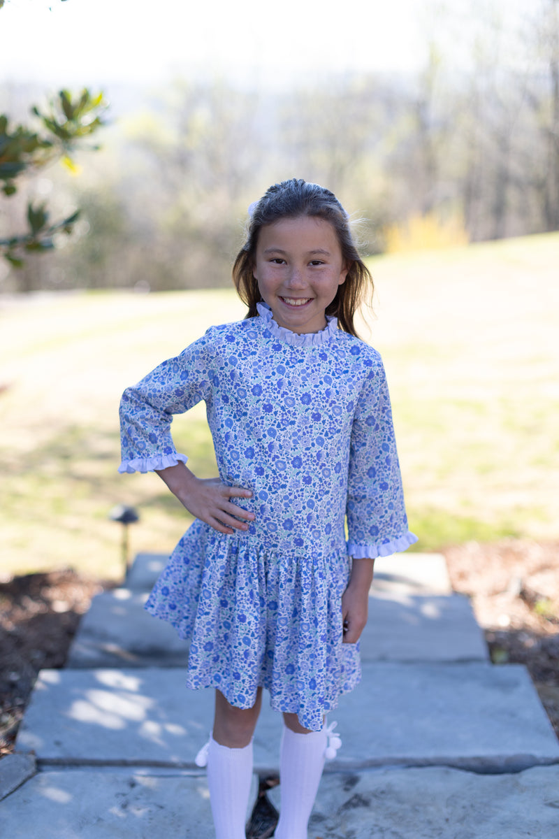 Mary Reddoch Dress 3/4 Sleeve Lined in Blue Liberty Floral