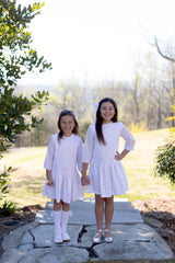 Mary Reddoch Dress 3/4 Sleeve Lined in Pink Swiss Dots