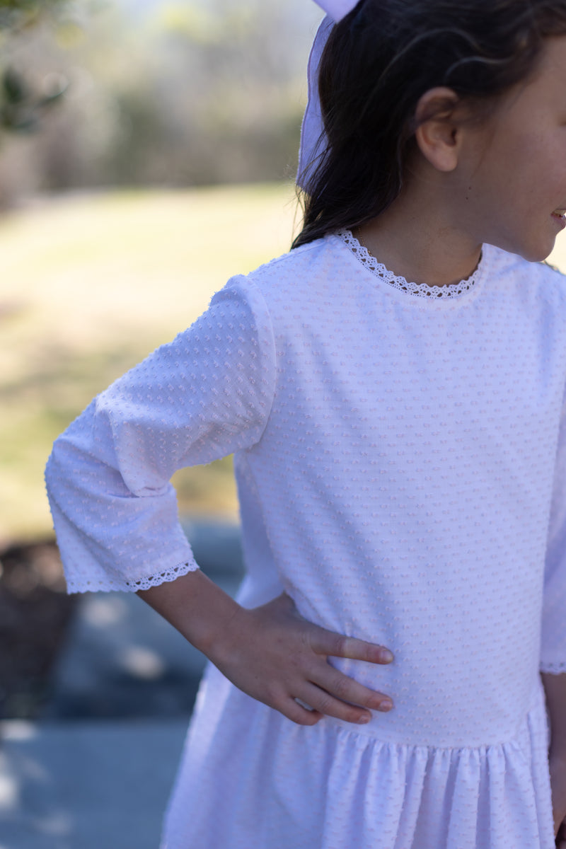 Mary Reddoch Dress 3/4 Sleeve Lined in Pink Swiss Dots