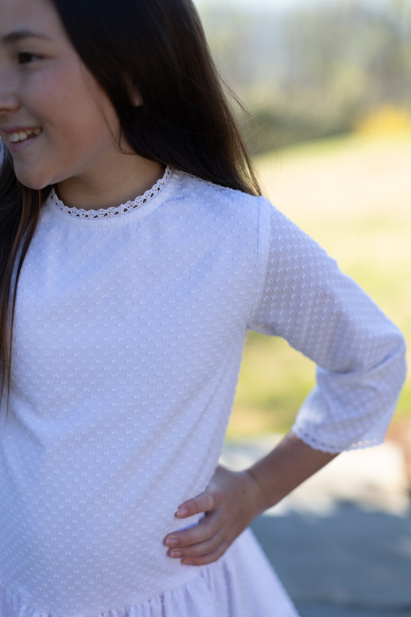 Mary Reddoch Dress 3/4 Sleeve Lined in White Swiss Dots