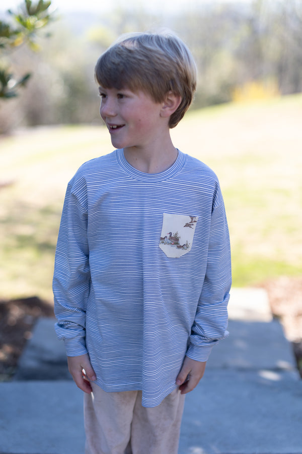 Boy Tee Long Sleeve Premium in Dusty Blue Stripe Knit w/ Pocket