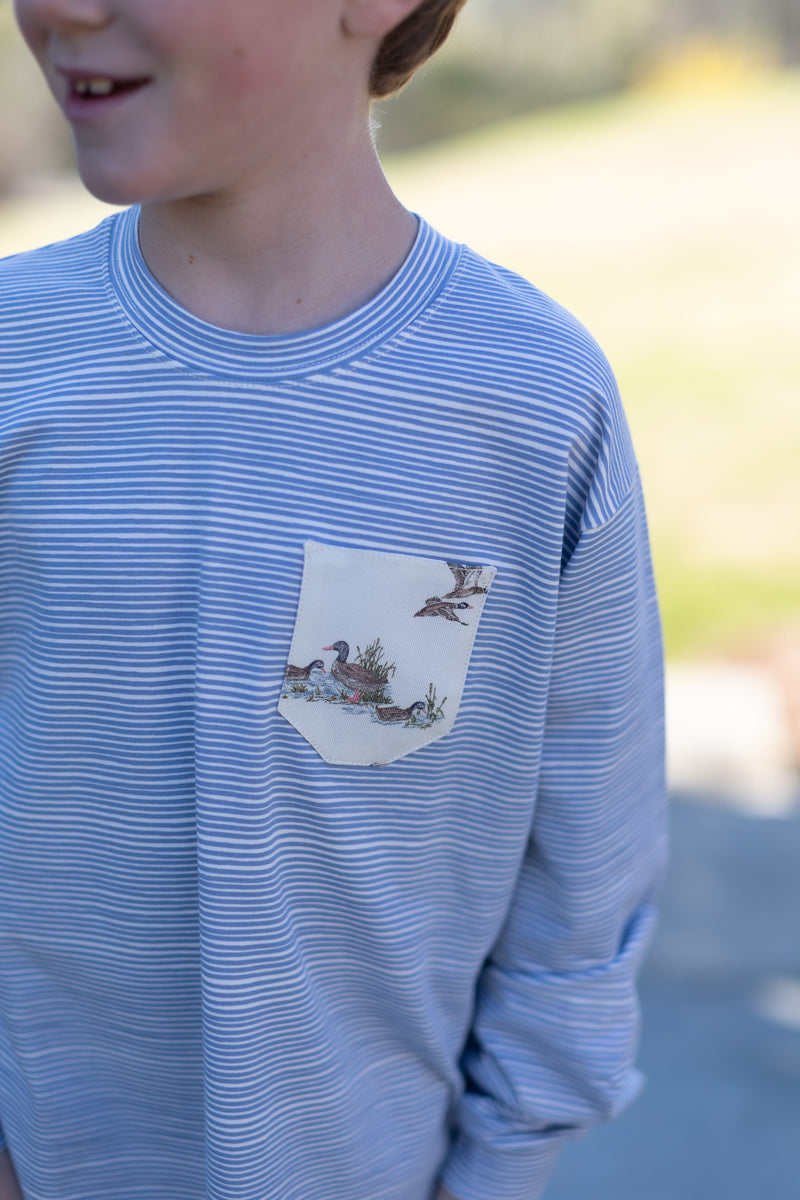 Boy Tee Long Sleeve Premium in Dusty Blue Stripe Knit w/ Pocket
