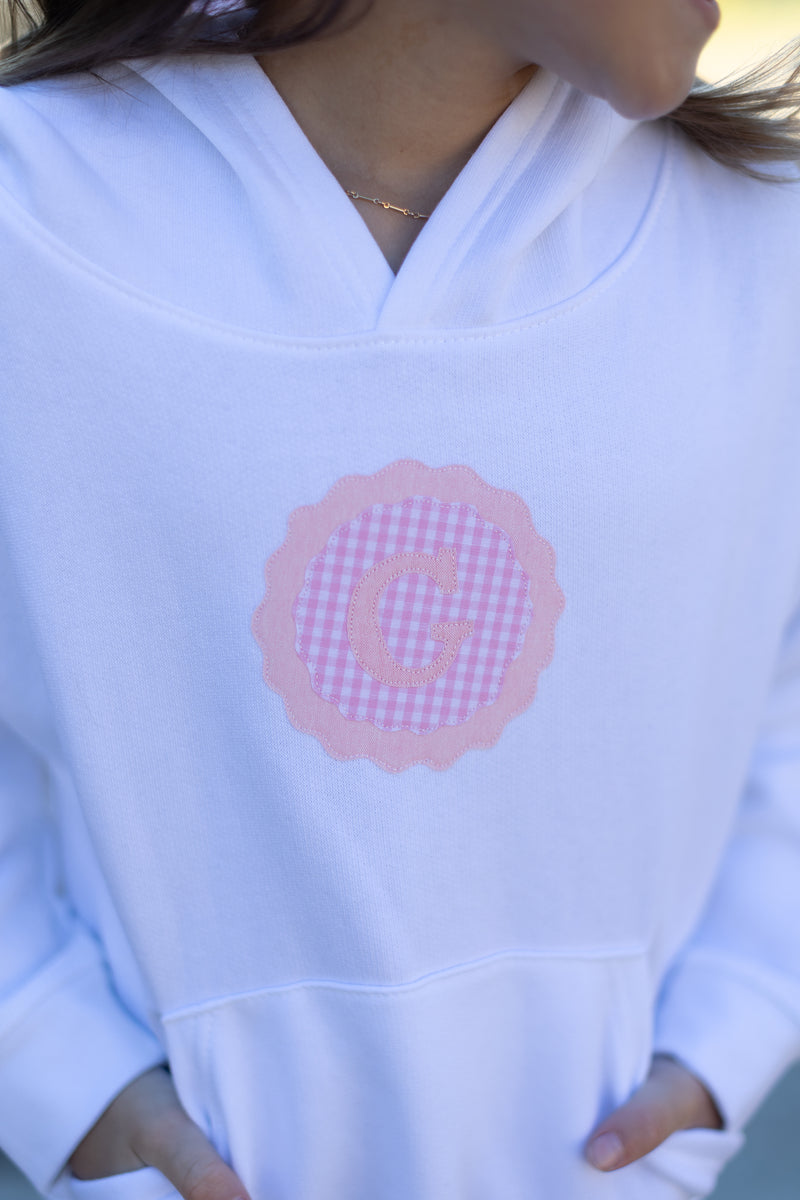 Fleece Hoodie White with Double Scallop w/ Uppercase Fabric Initial