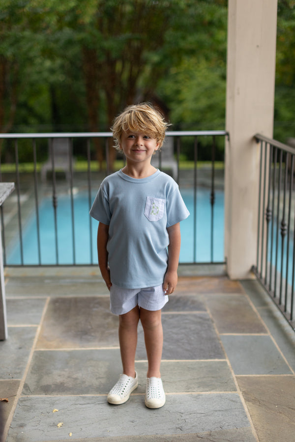 Boy Tee Short Sleeve Sky Blue with Pocket w/ Lowercase Fabric Initial