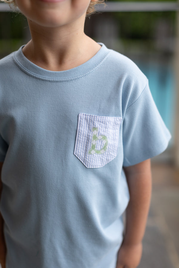 Boy Tee Short Sleeve Sky Blue with Pocket w/ Lowercase Fabric Initial