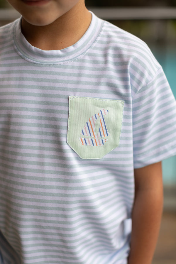 Boy Tee Premium in Seaside Stripe Knit with Pocket w/ Mini Sailboat