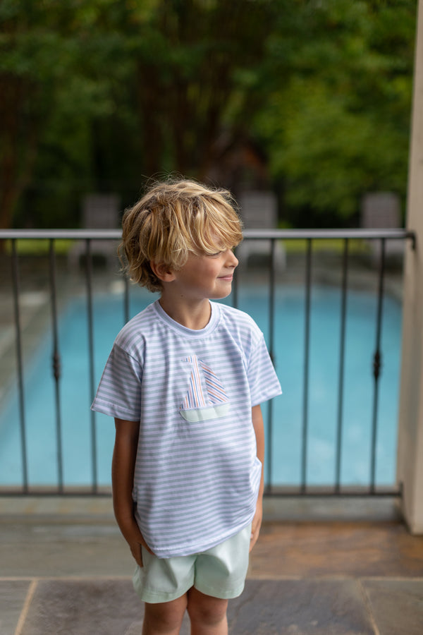 Boy Tee Premium in Seaside Stripe Knit with Sailboat