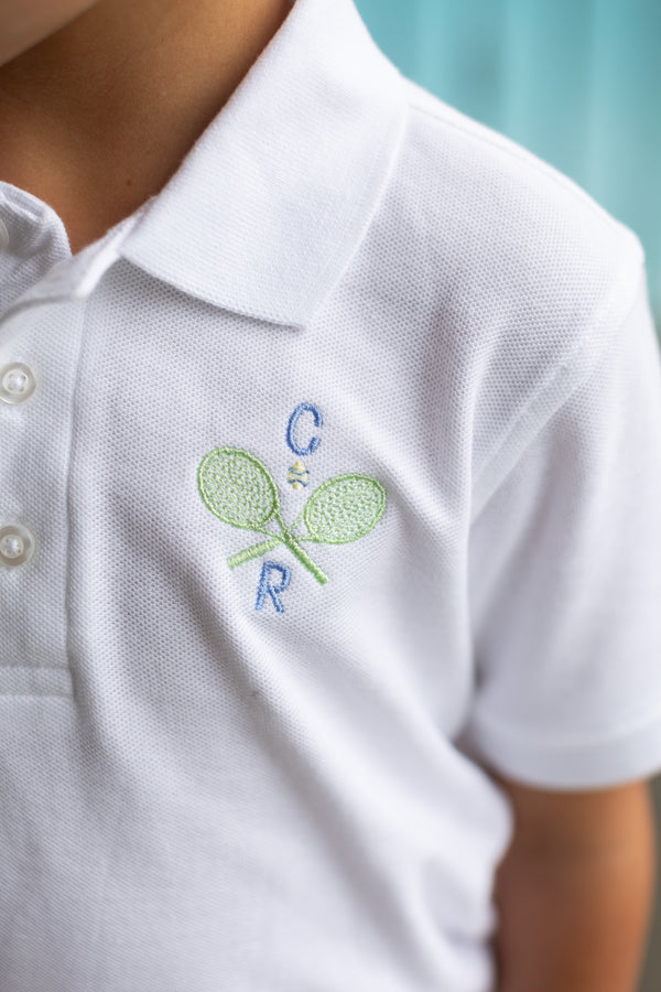 Boy Polo Short Sleeve White with Tennis Monogram w/ Block Initials