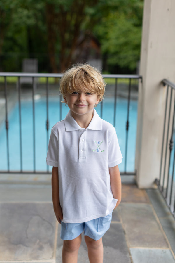 Boy Polo Short Sleeve White with Golf Clubs w/ Initials Monogram