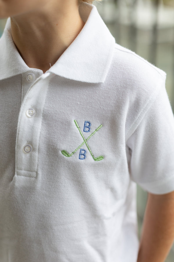 Boy Polo Short Sleeve White with Golf Clubs w/ Initials Monogram