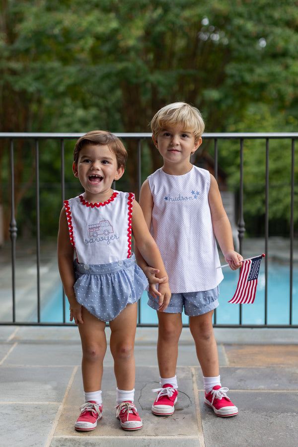 Finn Shorts in Chambray Swiss Dots