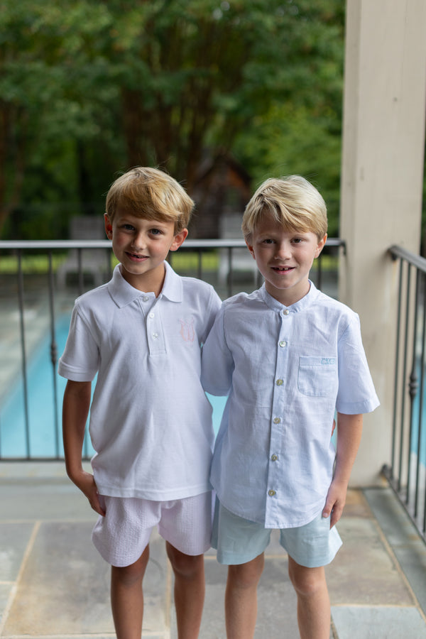 Boy Polo Short Sleeve White with Overlapping Two Fabrics Single Initial