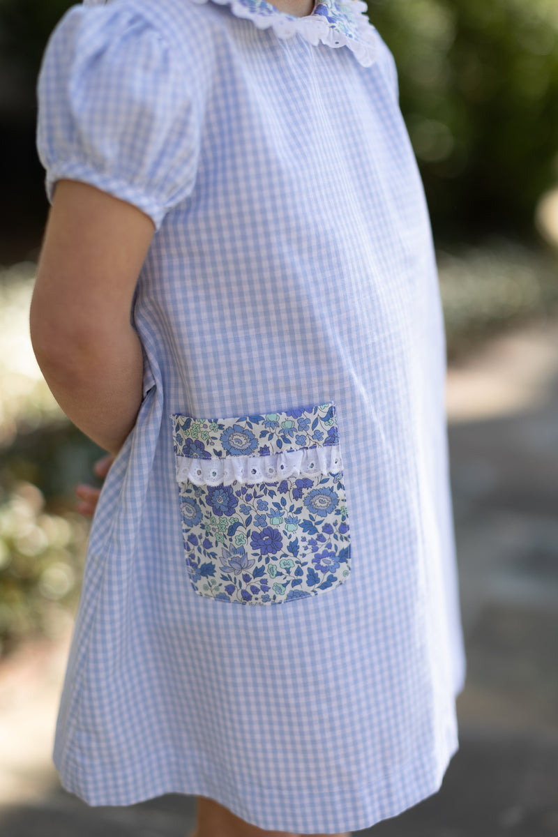 Olivia Apron Dress in Light Blue 1/8 Check