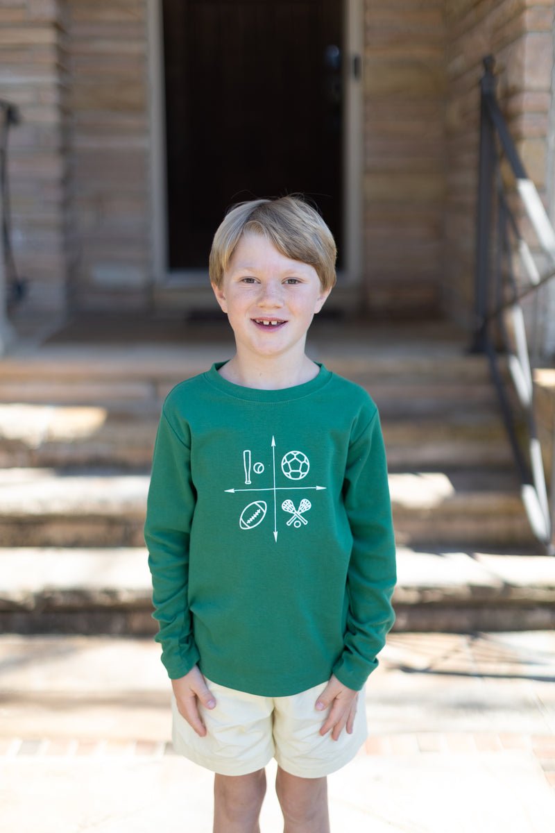 Boy Tee Long Sleeve Kelly Green w/ Sports Quadrant