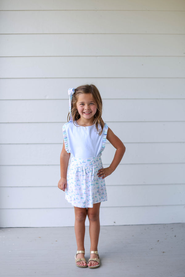 Bitty Button-On Skirt w/Ruffle in Smooth Sailing & Blue SF Twill Bib