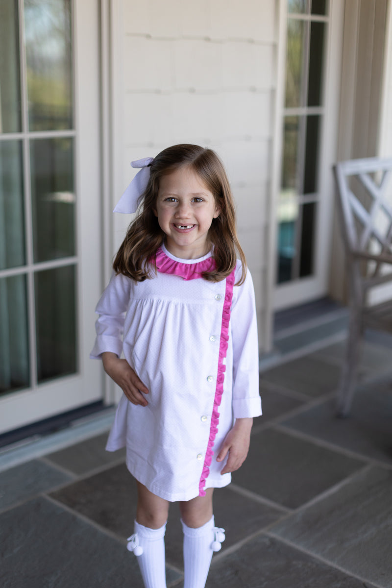 Elizabeth Dress Long Sleeve in Bitty Dot Pink Pique
