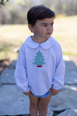 David Shirt Long Sleeve w/ Elastic in Blue Windowpane with Christmas Tree