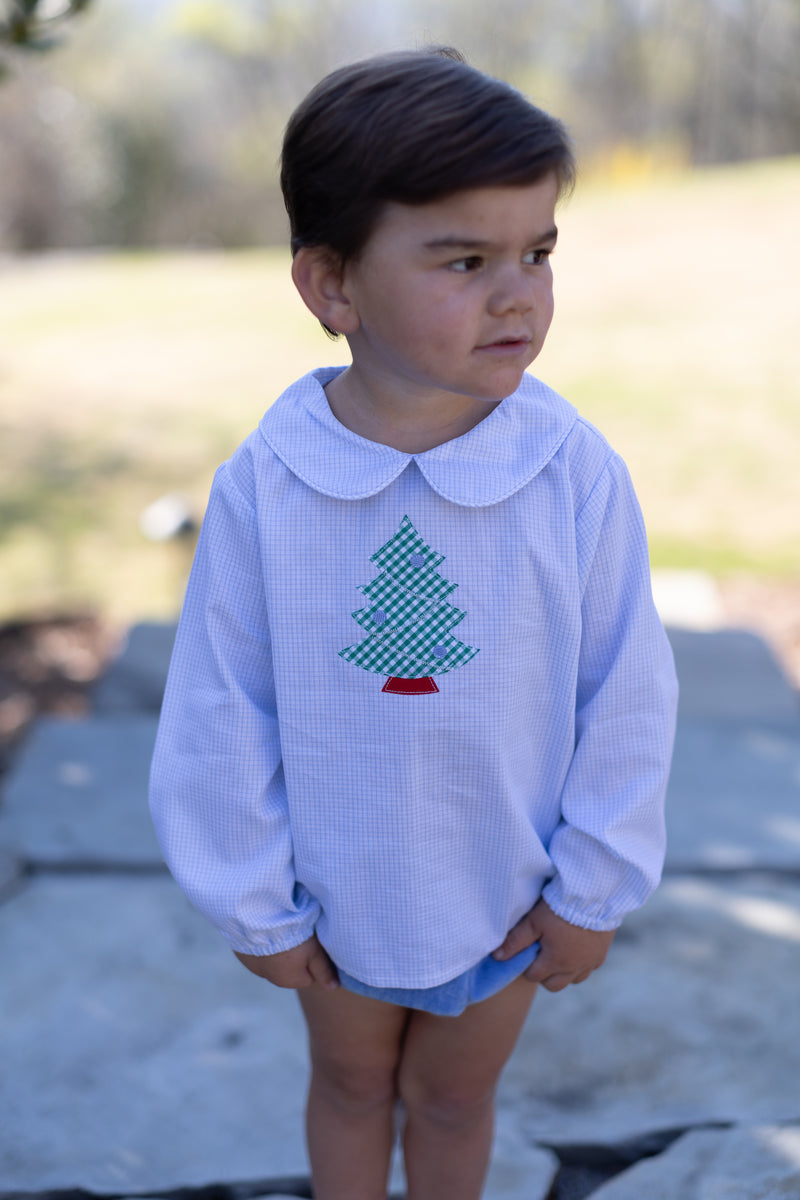 David Shirt Long Sleeve w/ Elastic in Blue Windowpane with Christmas Tree