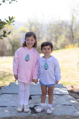 David Shirt Long Sleeve w/ Elastic in Blue Windowpane with Christmas Tree