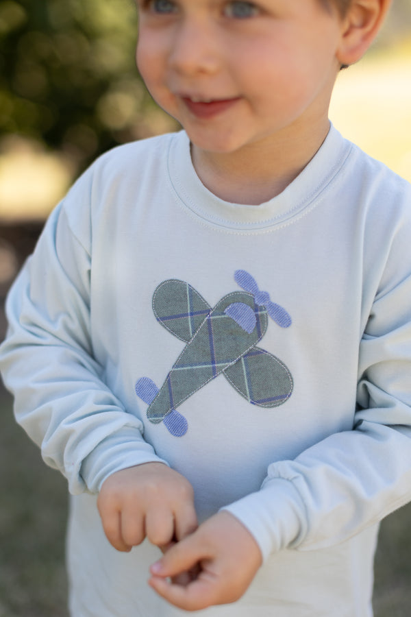 Boy Tee Long Sleeve Premium in Light Blue Knit w/ Airplane