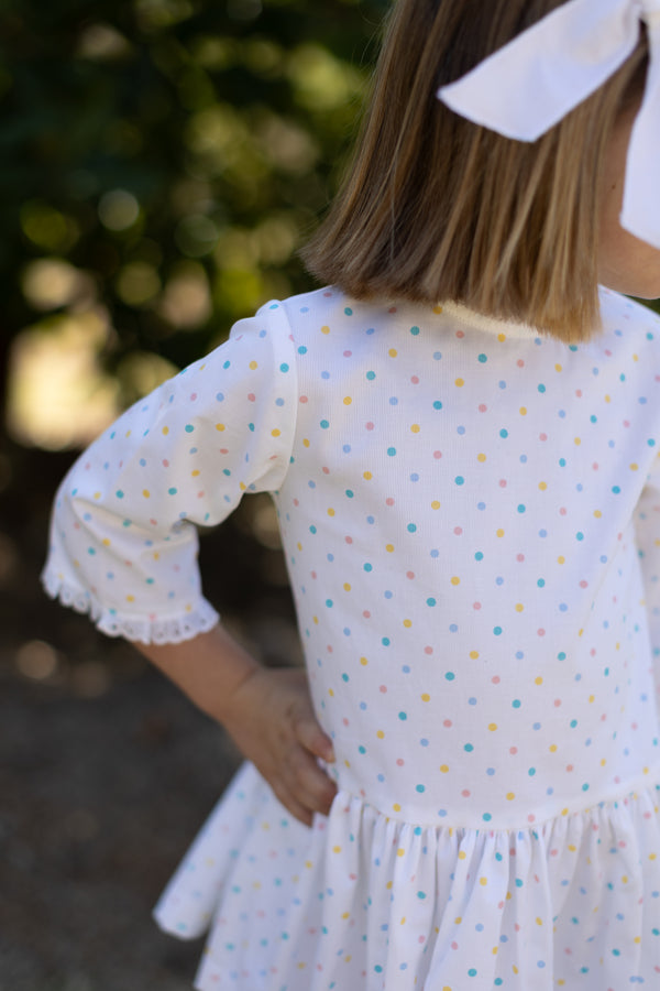 Mary Reddoch Dress 3/4 Sleeve in Pastel Dot Pique