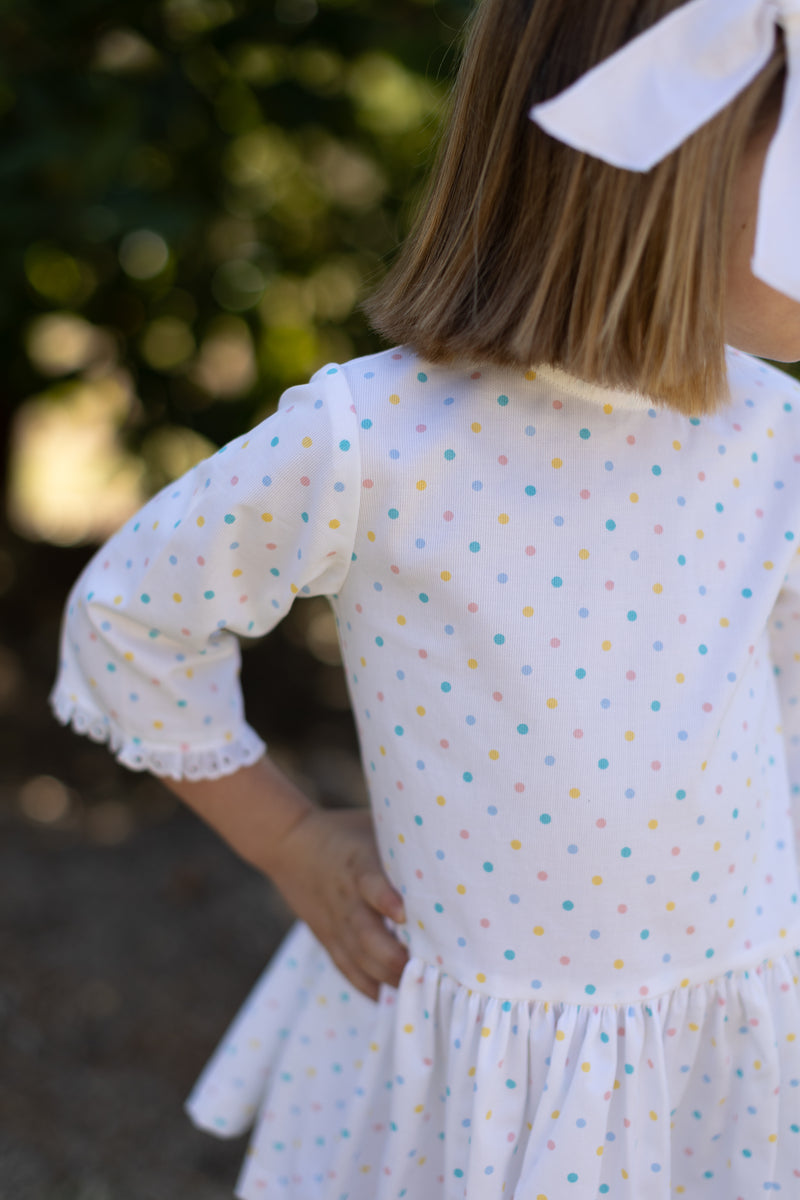 Mary Reddoch Dress 3/4 Sleeve in Pastel Dot Pique