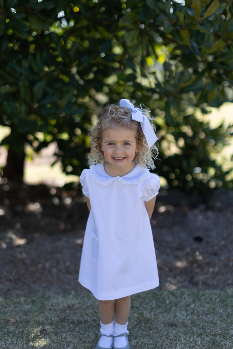Olivia Apron Dress in Blue Bitty Dot Pique