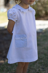 Olivia Apron Dress in Blue Bitty Dot Pique
