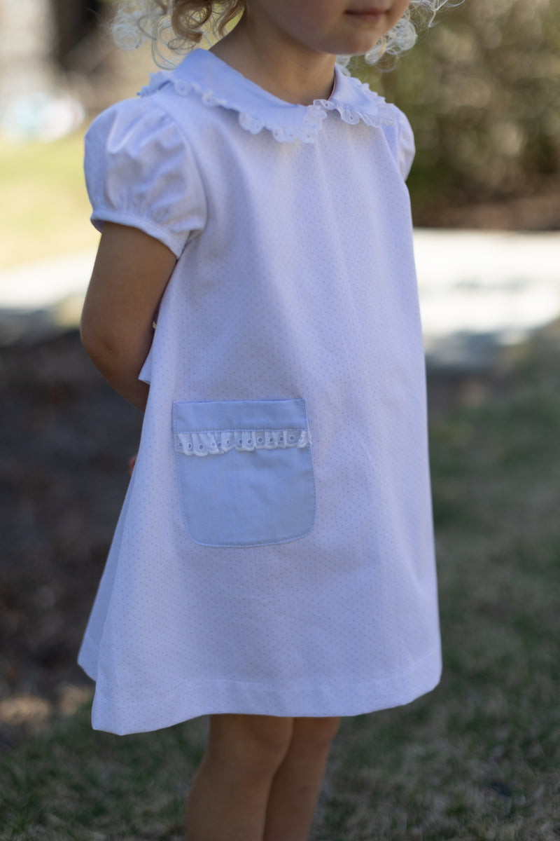 Olivia Apron Dress in Blue Bitty Dot Pique