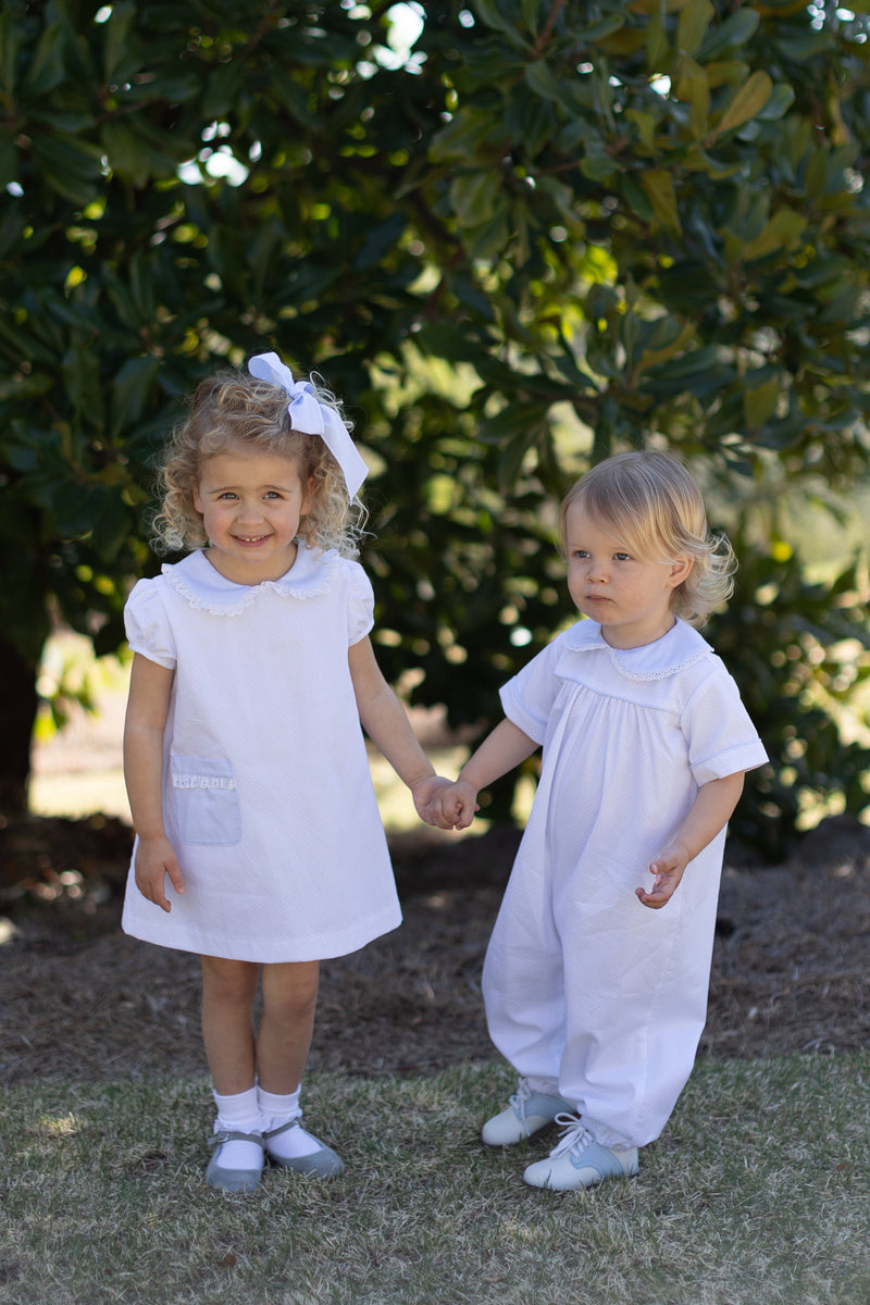 Olivia Apron Dress in Blue Bitty Dot Pique