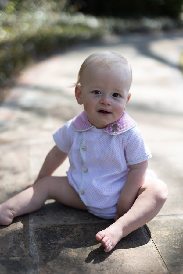 Baine Short Sleeve Scalloped Bubble in Bitty Dot Red Pique
