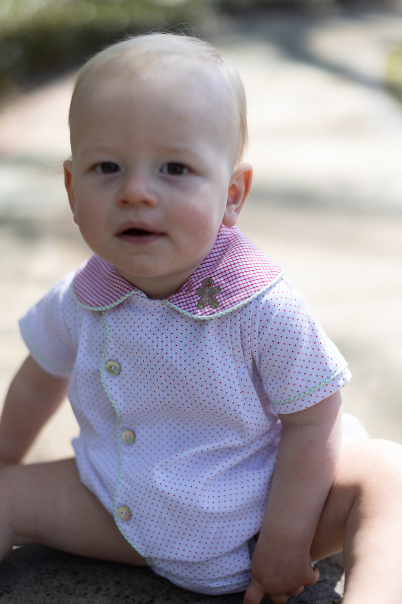 Baine Short Sleeve Scalloped Bubble in Bitty Dot Red Pique