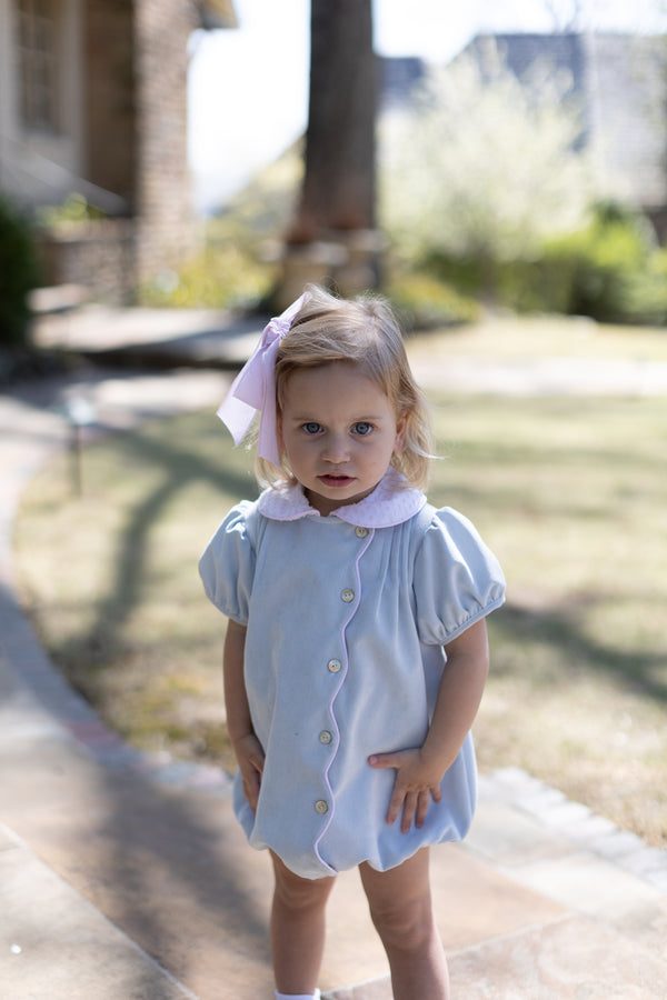 Brooke Short Sleeve Scalloped Bubble in Powder Blue Non-Wrinkle Corduroy