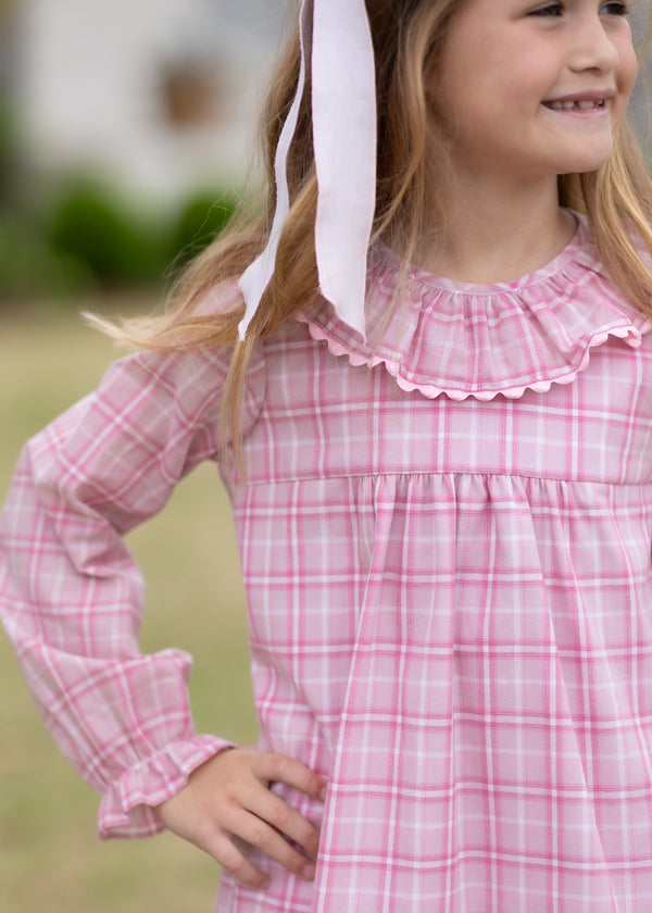 Pippa Dress Long Sleeve Lined in Madrid Plaid Pink