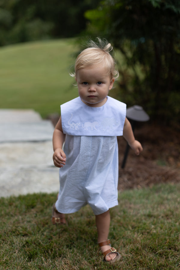 Carter Romper in Light Blue Seersucker