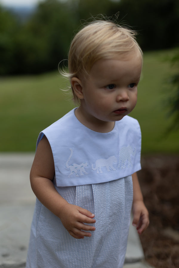 Carter Romper in Light Blue Seersucker