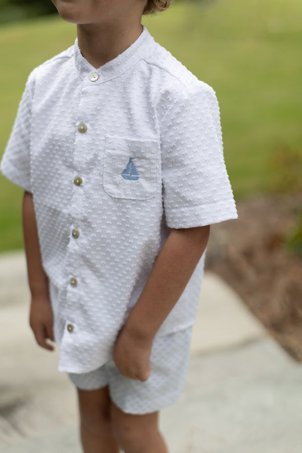 Tyson Shirt Short Sleeve Lined in White Swiss Dots