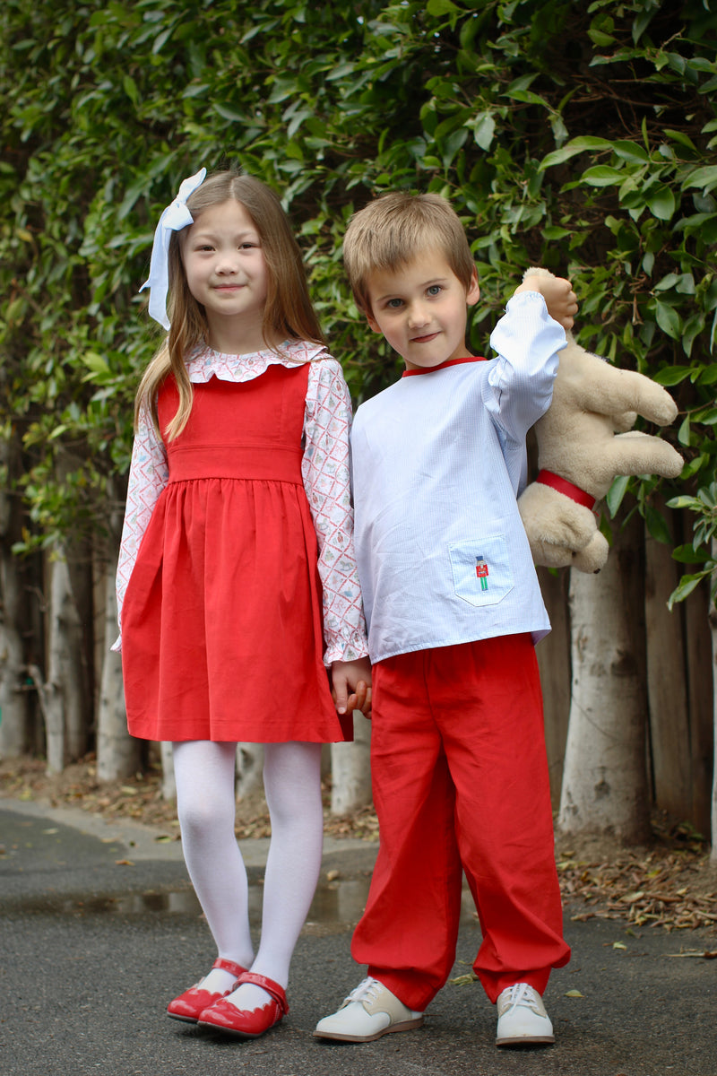 Hannah Pinafore Dress w/ No Pockets in Cherry Red Corduroy