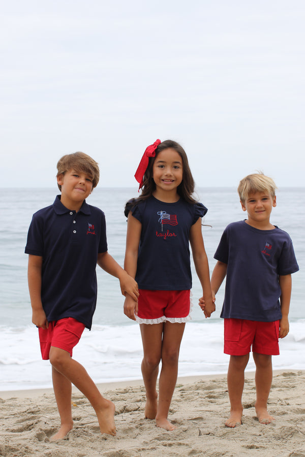 Boy Polo Short Sleeve Navy with American Flag w/ Handwritten Name