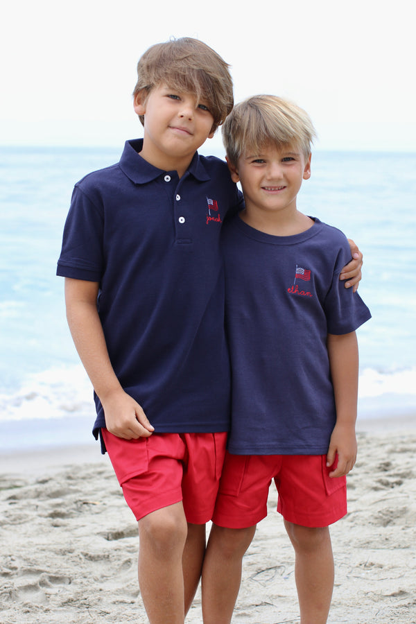 Boy Polo Short Sleeve Navy with American Flag w/ Handwritten Name