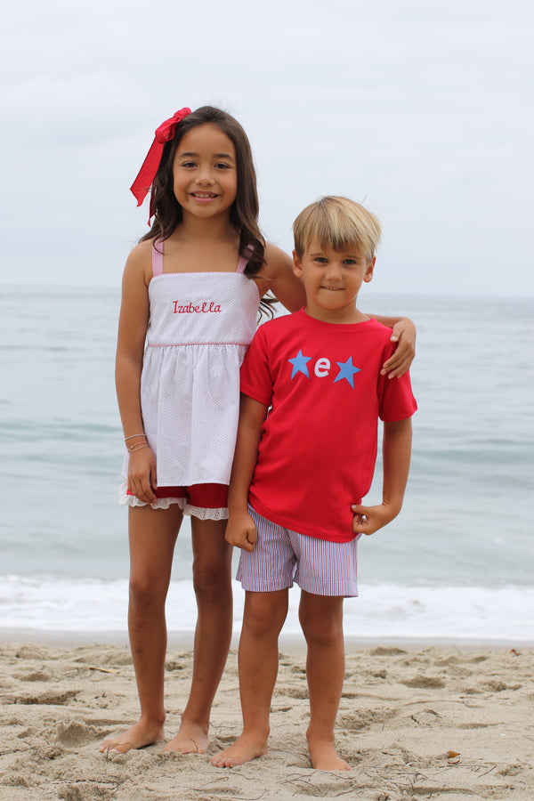 Boy Tee Short Sleeve Red with Stars w/ Lowercase Fabric Initial