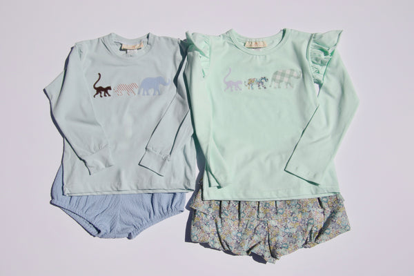 Angel Tee Long Sleeve Premium in Icy Mint Knit w/ Animal Parade