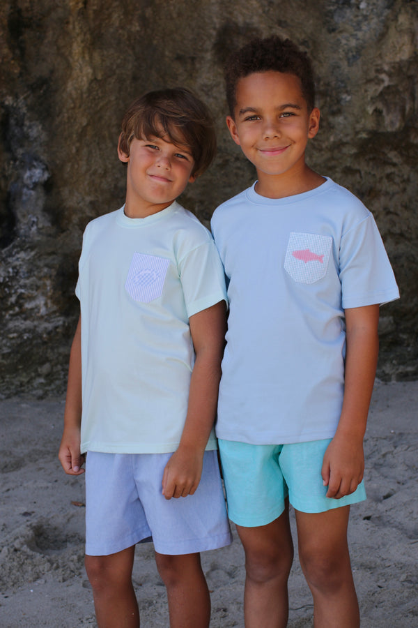 Boy Tee Short Sleeve Sky Blue with Pocket w/ Mini Trout