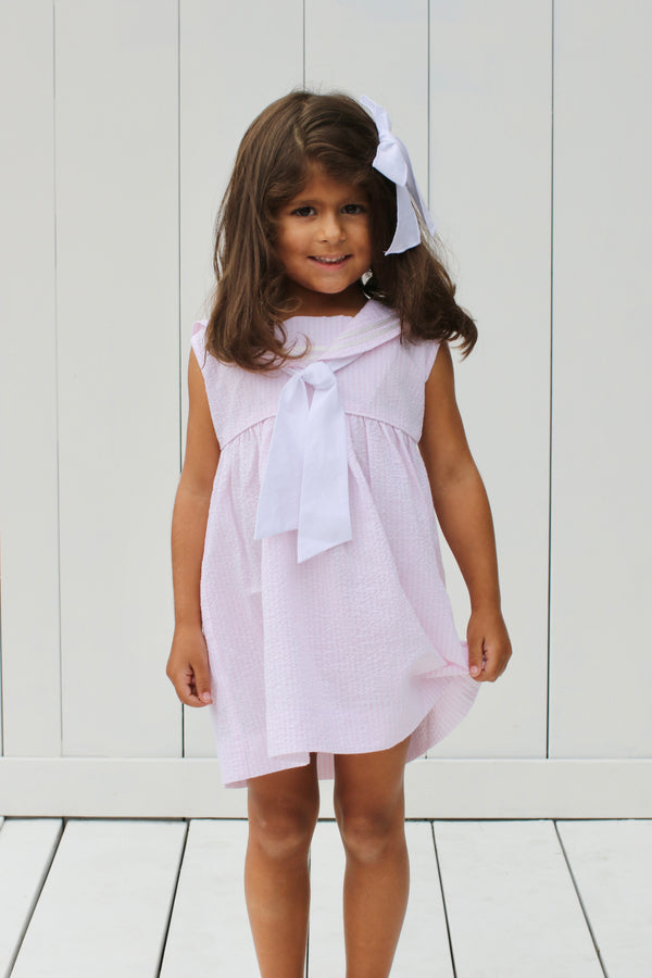 Audrey Sailor Dress in Light Pink Stripe Seersucker