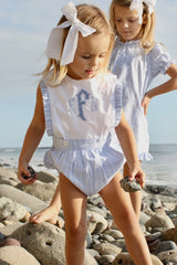 Brady Button-On Bubble w/ Ruffles in Blue & White Dress Stripe
