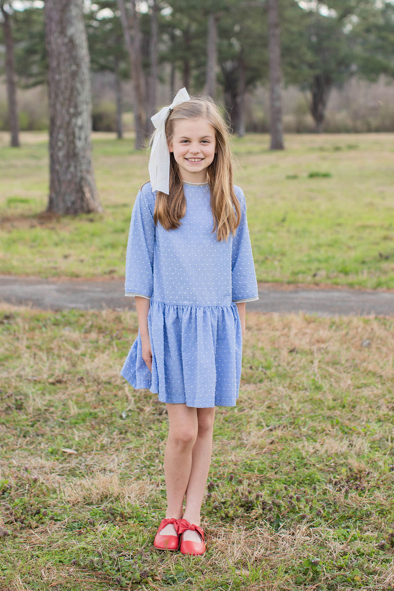 Mary Reddoch Dress 3/4 Sleeve in Chambray Swiss Dots